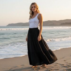 Black Tiered Drawstring Waist Maxi Skirt Medium